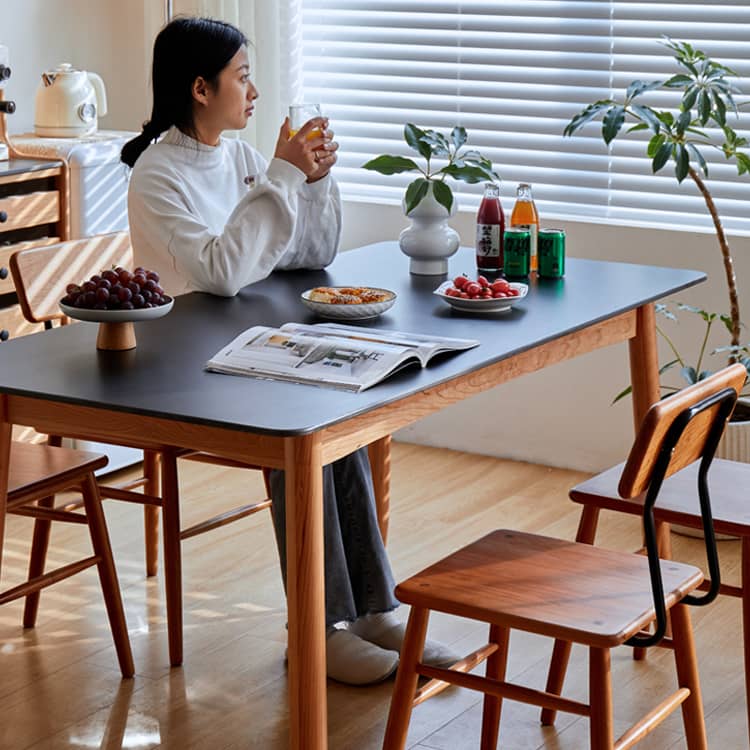 Elegant Black and Natural Wood Table with White Marble, Cherry Wood, and Red Oak Options hykmq-787