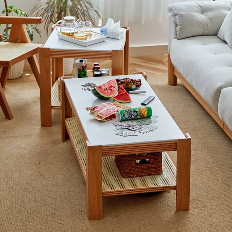 Sleek Tea Table Collection: Cherry Wood, Red Oak & Black Walnut with Marble or Tempered Glass Tops and Rattan Accents hykmq-791