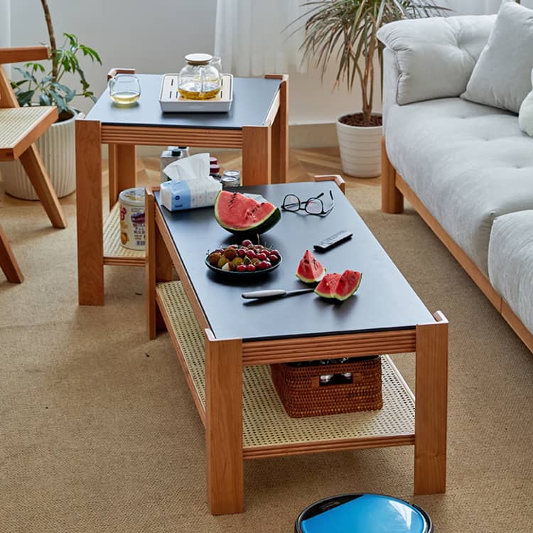 Sleek Tea Table Collection: Cherry Wood, Red Oak & Black Walnut with Marble or Tempered Glass Tops and Rattan Accents hykmq-791