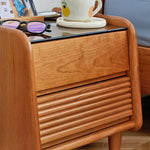 Stylish Bedside Cupboard in Red Oak and Cherry Wood with Glass Accents hykmq-794