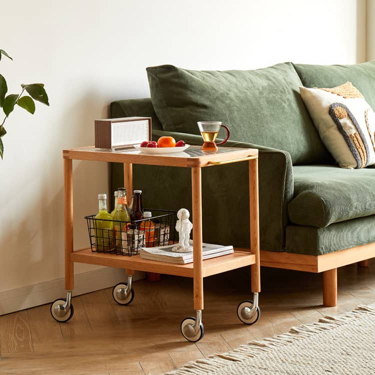 Elegant Multi-Material Rolling Cart: Natural Cherry Wood, Glass, and Metal Finish hykmq-797