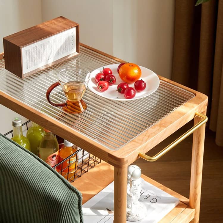 Elegant Multi-Material Rolling Cart: Natural Cherry Wood, Glass, and Metal Finish hykmq-797