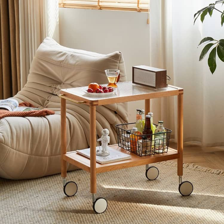 Elegant Multi-Material Rolling Cart: Natural Cherry Wood, Glass, and Metal Finish hykmq-797