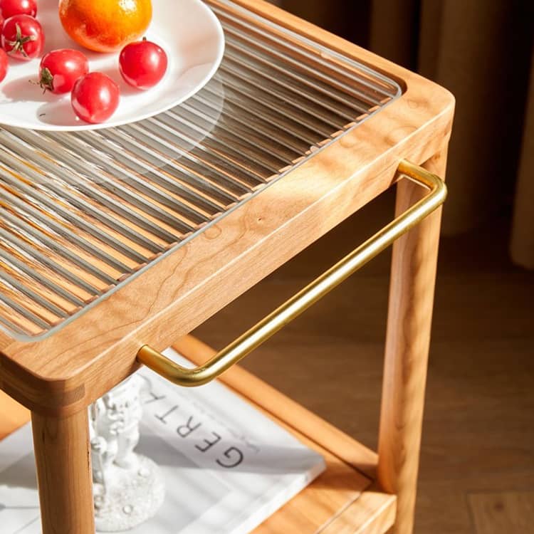 Elegant Multi-Material Rolling Cart: Natural Cherry Wood, Glass, and Metal Finish hykmq-797