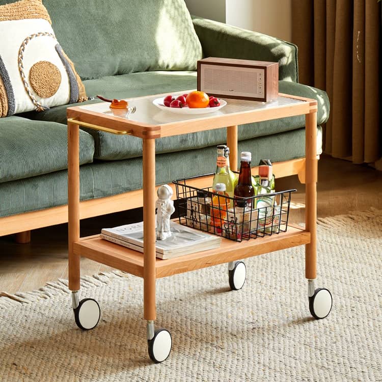 Elegant Multi-Material Rolling Cart: Natural Cherry Wood, Glass, and Metal Finish hykmq-797