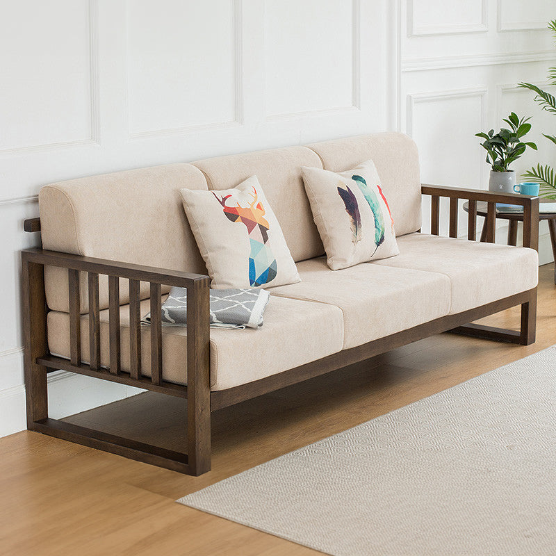 Stylish Dark Brown Sofa with Natural Oak Wood Accents in Grey, Beige, Pink, Yellow, and Light Blue Options hym-1531