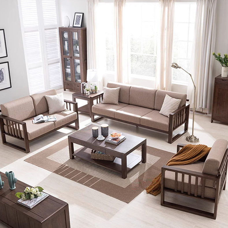 Stylish Dark Brown Sofa with Natural Oak Wood Accents in Grey, Beige, Pink, Yellow, and Light Blue Options hym-1531