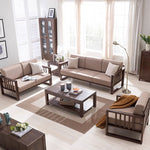 Stylish Dark Brown Sofa with Natural Oak Wood Accents in Grey, Beige, Pink, Yellow, and Light Blue Options hym-1531