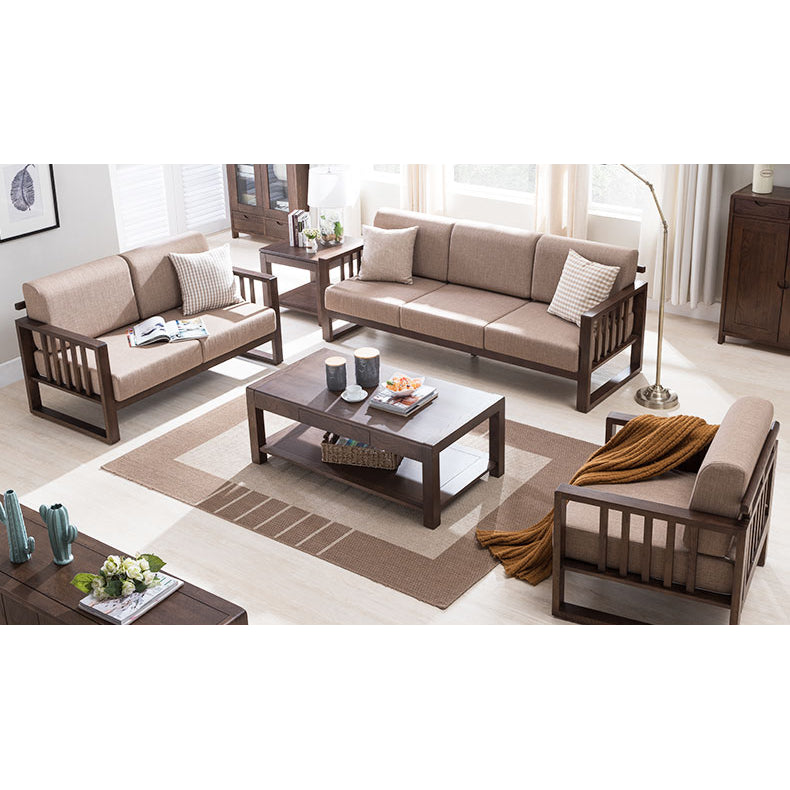 Stylish Dark Brown Sofa with Natural Oak Wood Accents in Grey, Beige, Pink, Yellow, and Light Blue Options hym-1531