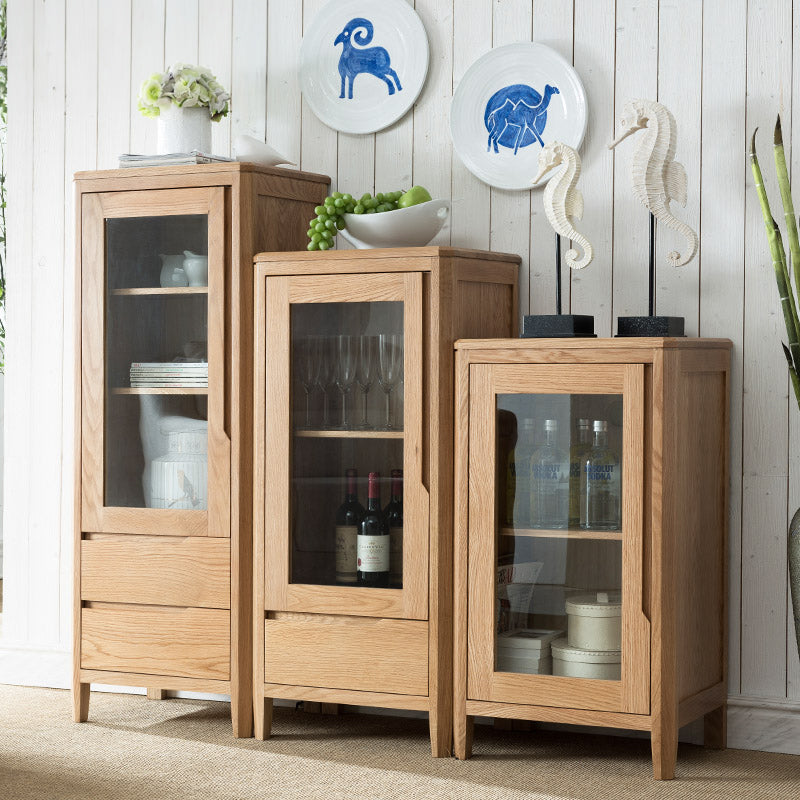 Stunning Natural Oak Wood Cabinet with Tempered Glass Doors - Elegant Brown Finish hym-1537