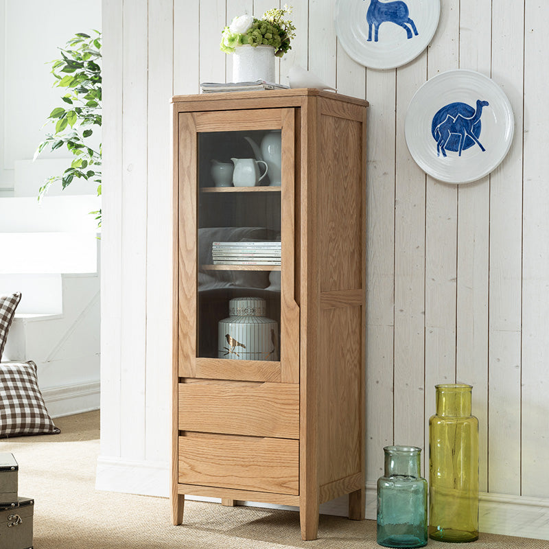 Stunning Natural Oak Wood Cabinet with Tempered Glass Doors - Elegant Brown Finish hym-1537