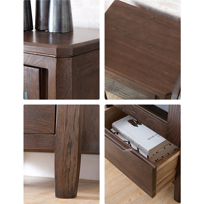 Stunning Natural Oak Wood Cabinet with Tempered Glass Doors - Elegant Brown Finish hym-1537