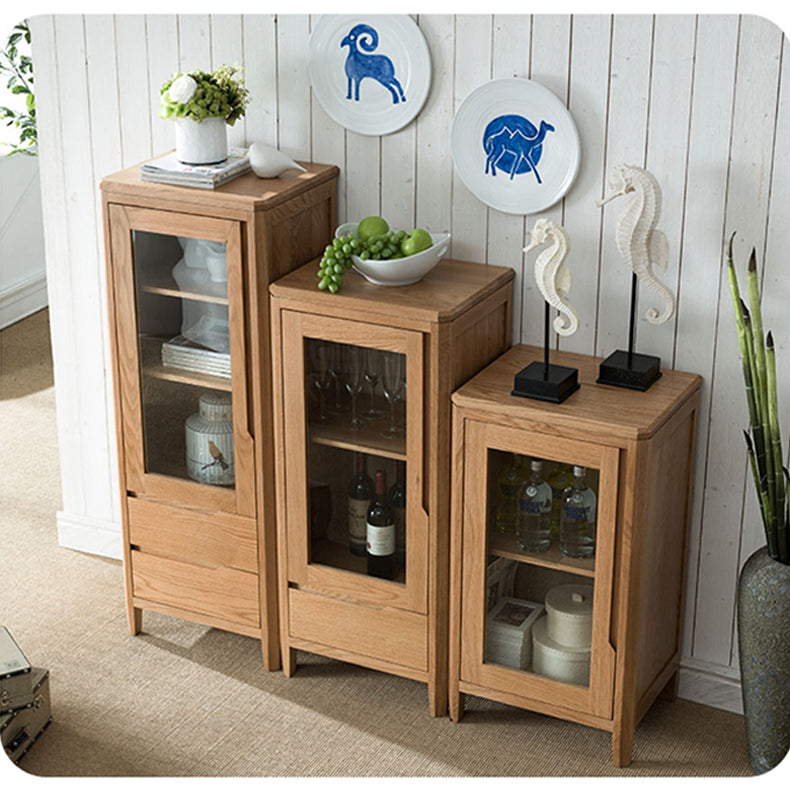 Stunning Natural Oak Wood Cabinet with Tempered Glass Doors - Elegant Brown Finish hym-1537