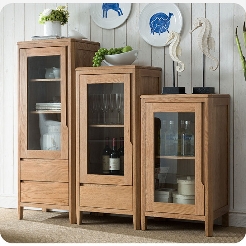 Stunning Natural Oak Wood Cabinet with Tempered Glass Doors - Elegant Brown Finish hym-1537