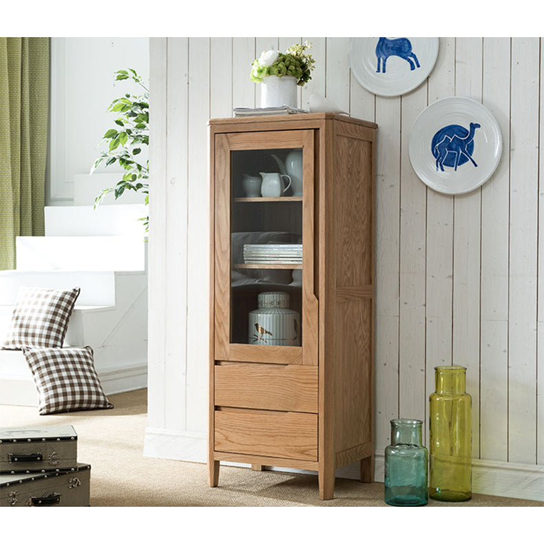 Stunning Natural Oak Wood Cabinet with Tempered Glass Doors - Elegant Brown Finish hym-1537