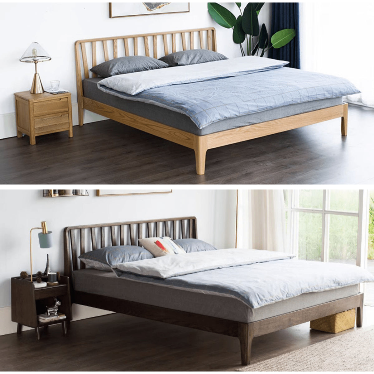 Elegant Bed Frame in Luxurious Brown Natural Beech and Pine Wood Finish hym-470