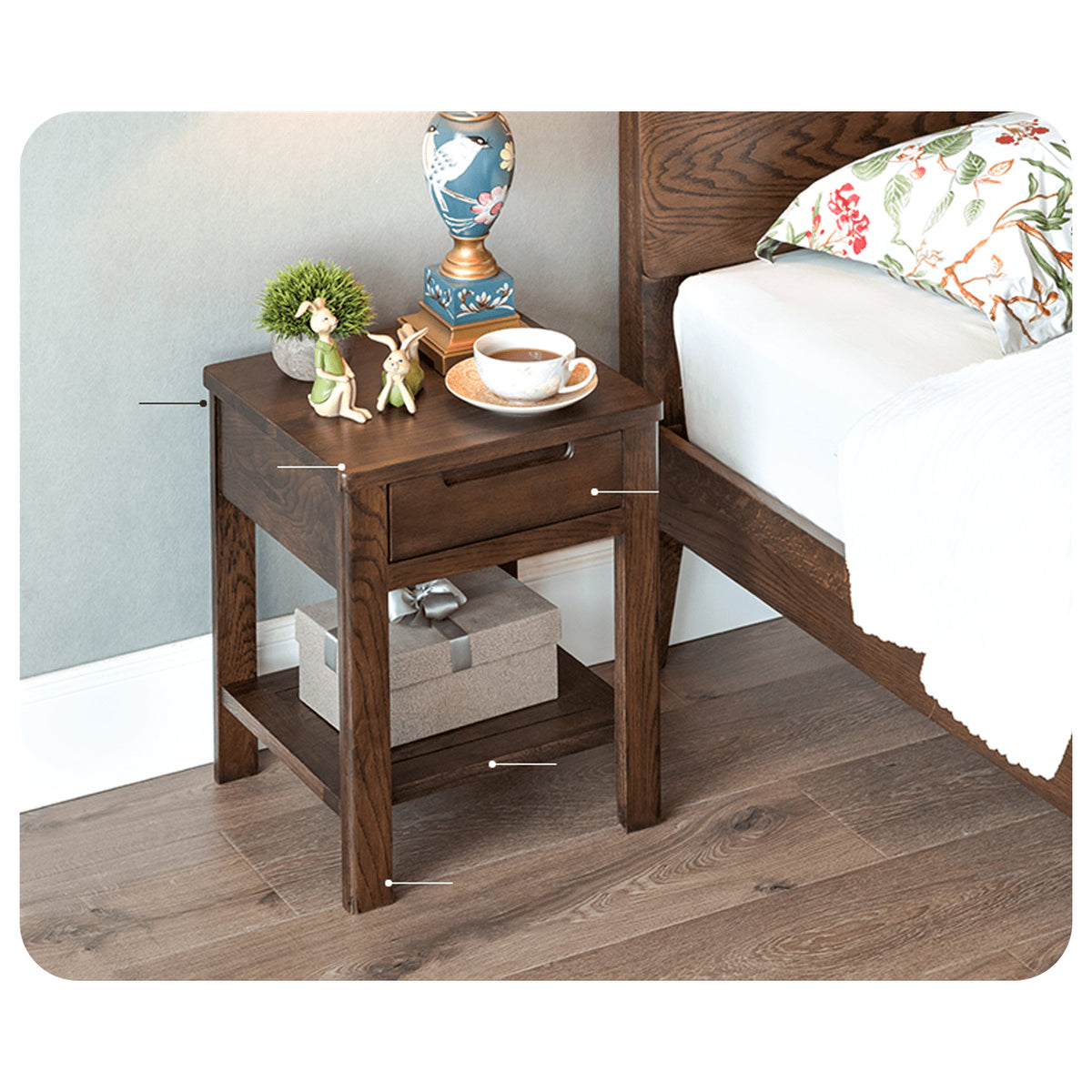 Natural Brown Oak & Tung Wood Bedside Cupboard - Stylish & Durable Nightstand hym-473
