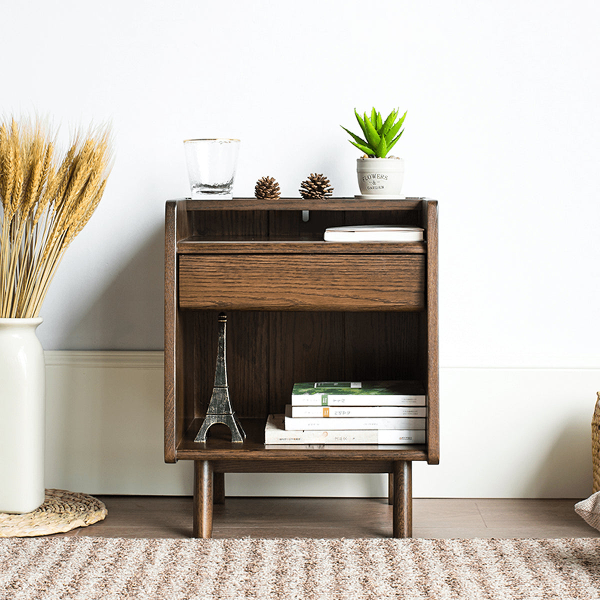 Natural Brown Oak Wood Bedside Cupboard – Premium Tung Wood Finish hym-475