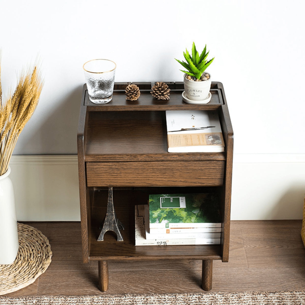 Natural Brown Oak Wood Bedside Cupboard – Premium Tung Wood Finish hym-475