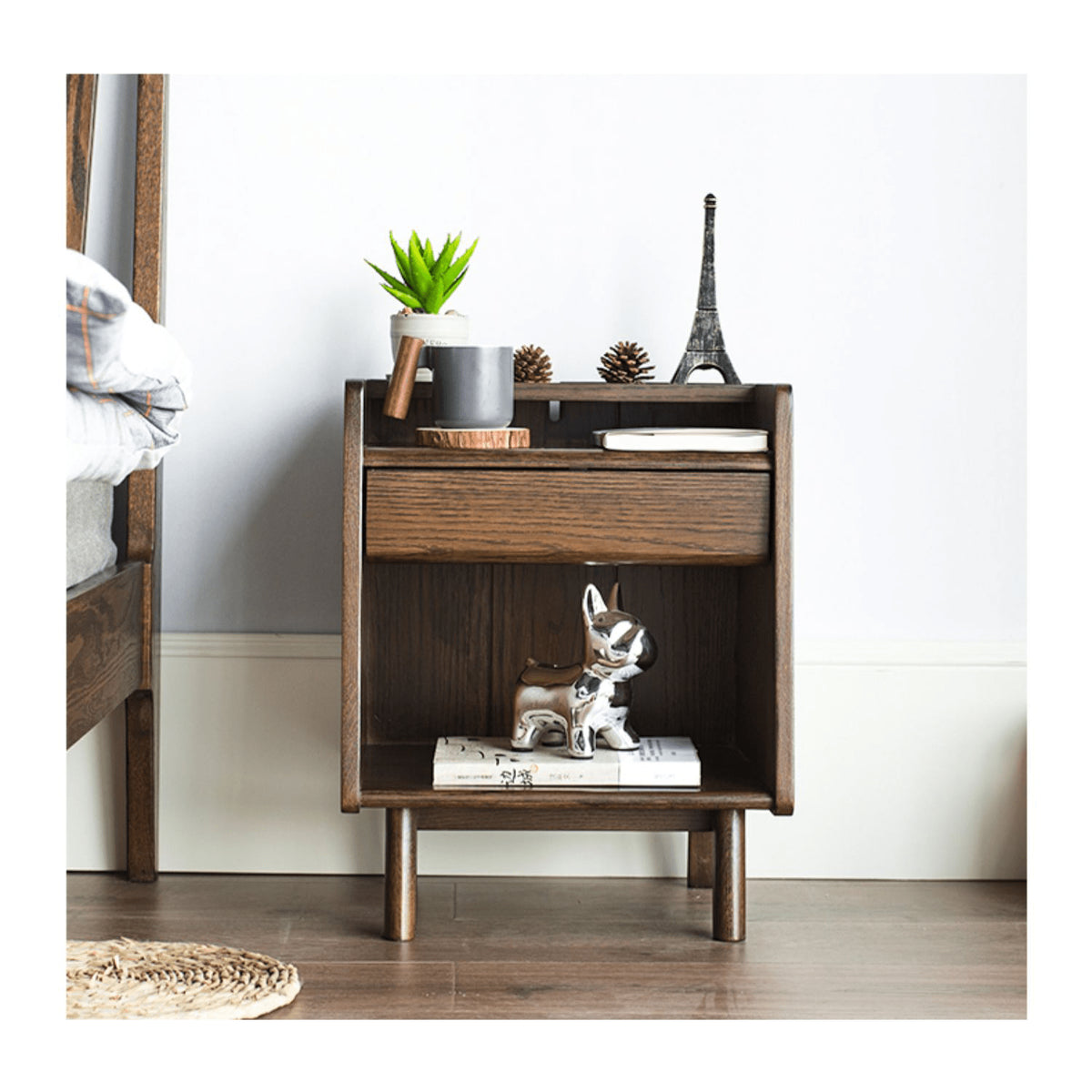 Natural Brown Oak Wood Bedside Cupboard – Premium Tung Wood Finish hym-475