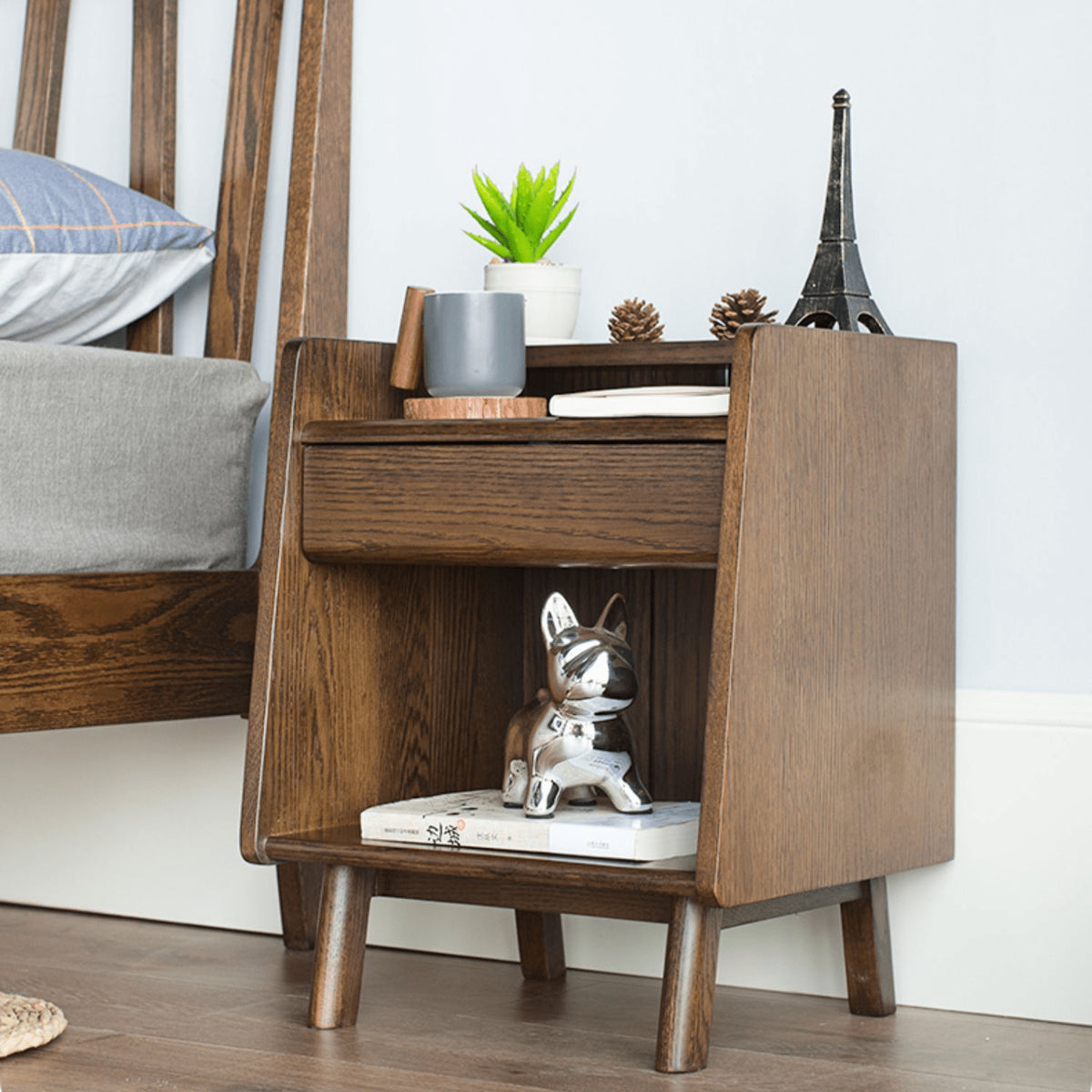 Natural Brown Oak Wood Bedside Cupboard – Premium Tung Wood Finish hym-475