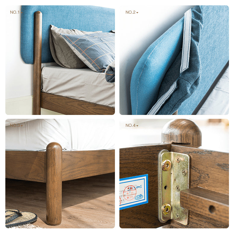 Stylish Natural Wood Bed Frame in Gray, Blue, or Brown - Oak and Pine with Cotton-Ramie Fabric Options hym-477