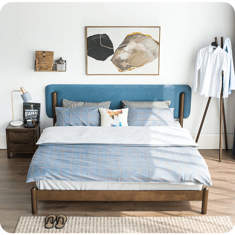 Stylish Natural Wood Bed Frame in Gray, Blue, or Brown - Oak and Pine with Cotton-Ramie Fabric Options hym-477