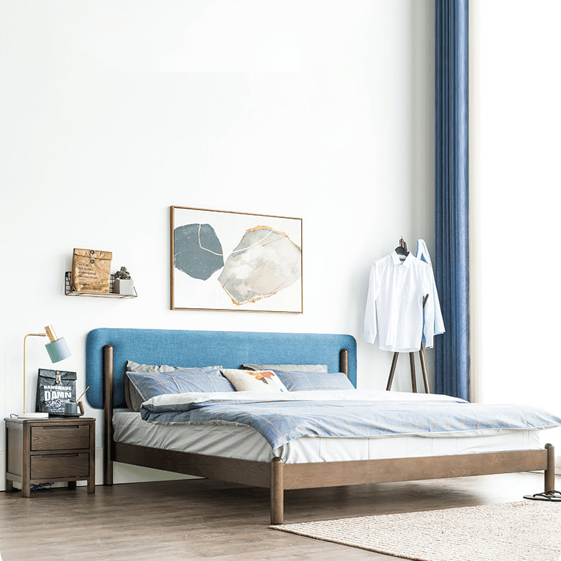 Stylish Natural Wood Bed Frame in Gray, Blue, or Brown - Oak and Pine with Cotton-Ramie Fabric Options hym-477