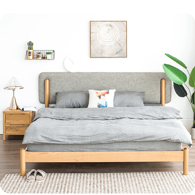 Stylish Natural Wood Bed Frame in Gray, Blue, or Brown - Oak and Pine with Cotton-Ramie Fabric Options hym-477