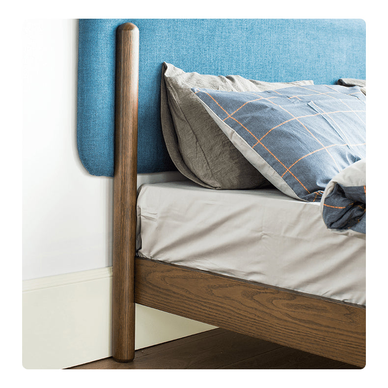 Stylish Natural Wood Bed Frame in Gray, Blue, or Brown - Oak and Pine with Cotton-Ramie Fabric Options hym-477