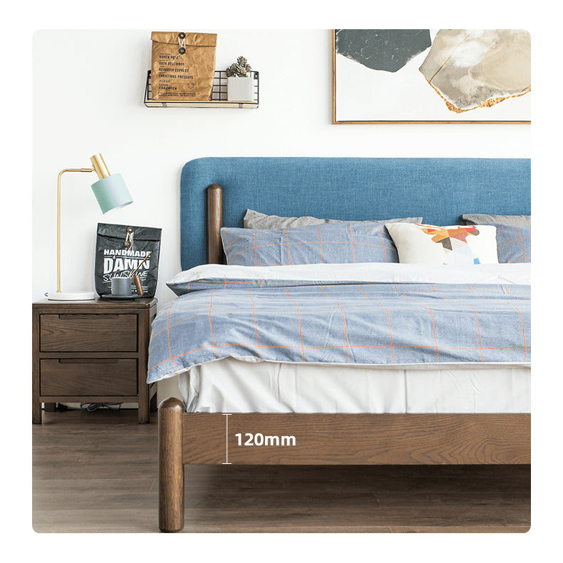 Stylish Natural Wood Bed Frame in Gray, Blue, or Brown - Oak and Pine with Cotton-Ramie Fabric Options hym-477