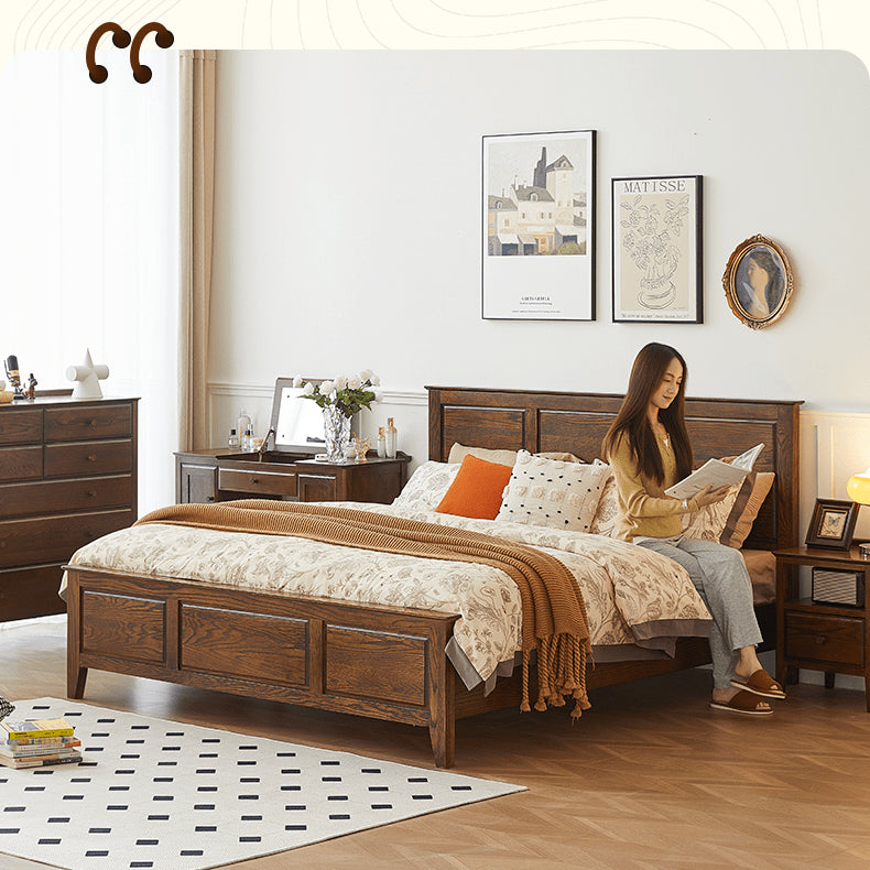 Stunning Brown Oak Wood Pine Bed Frame for a Cozy Bedroom hym-478