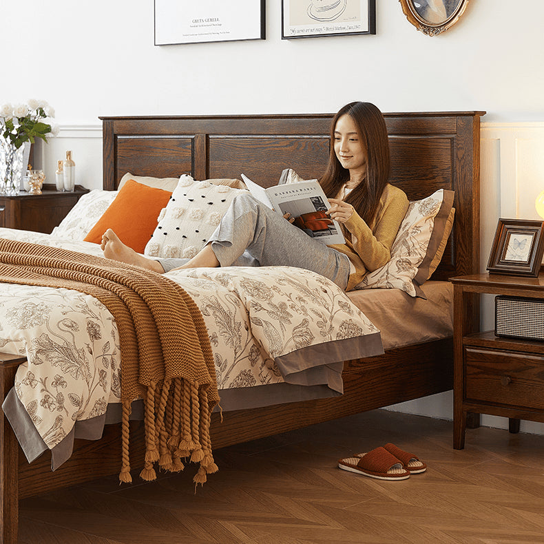 Stunning Brown Oak Wood Pine Bed Frame for a Cozy Bedroom hym-478