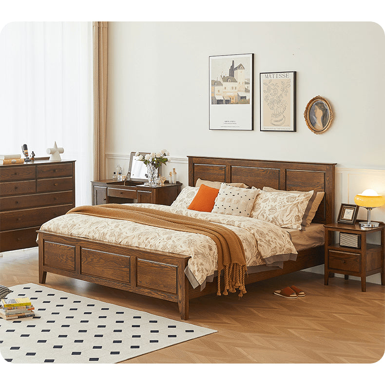 Stunning Brown Oak Wood Pine Bed Frame for a Cozy Bedroom hym-478