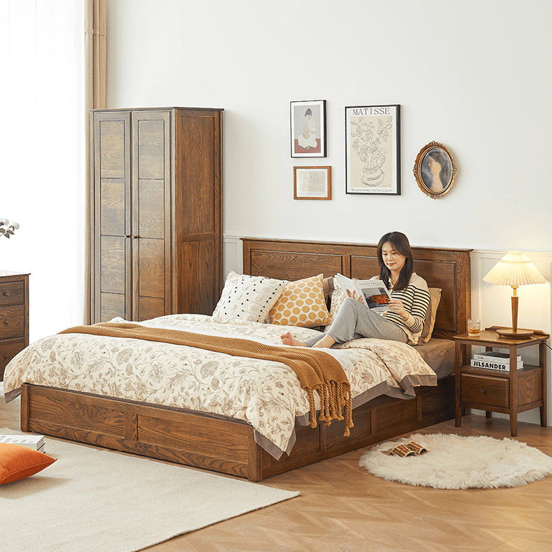 Luxurious Oak Pine Brown Wood Bed – Perfect for a Stylish Bedroom Upgrade hym-479