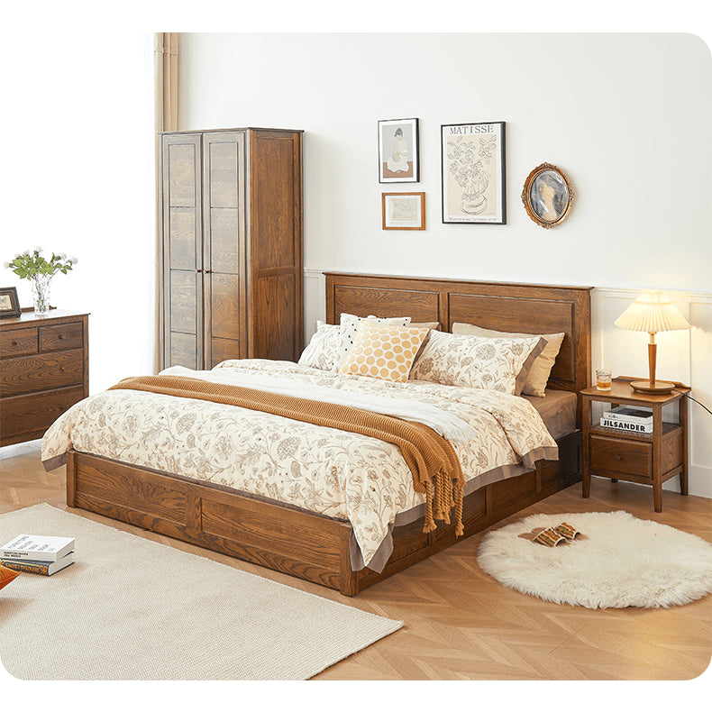 Luxurious Oak Pine Brown Wood Bed – Perfect for a Stylish Bedroom Upgrade hym-479