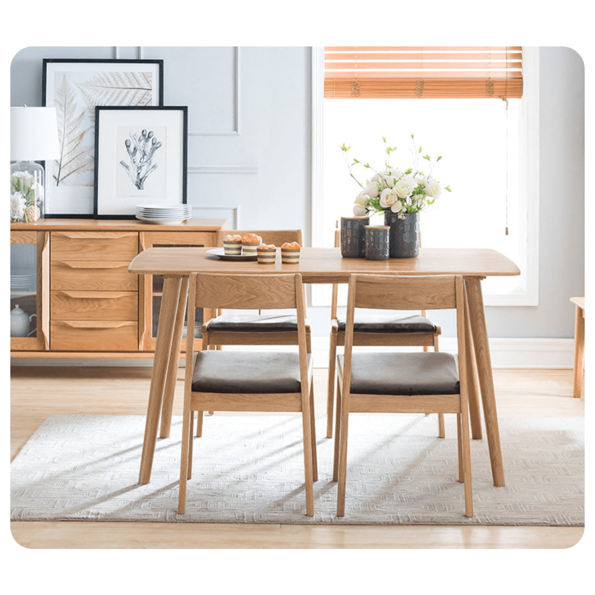 Elegant Brown Oak Wood Dining Table - Natural Finish hym-482