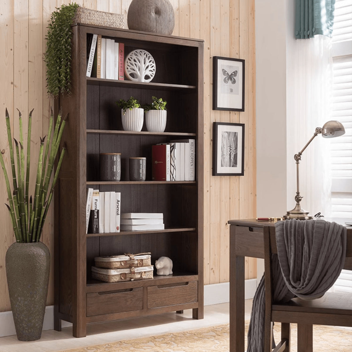 Stunning Brown Oak and Tung Wood Cabinet with Stylish Metal Accents hym-483