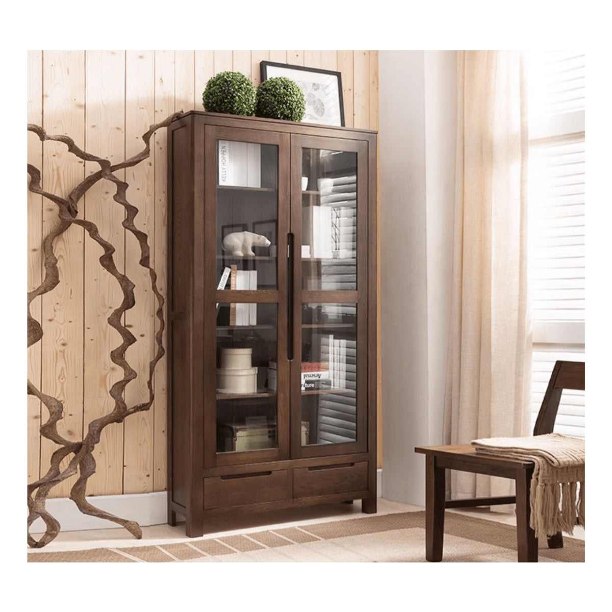 Stunning Brown Oak and Tung Wood Cabinet with Stylish Metal Accents hym-483