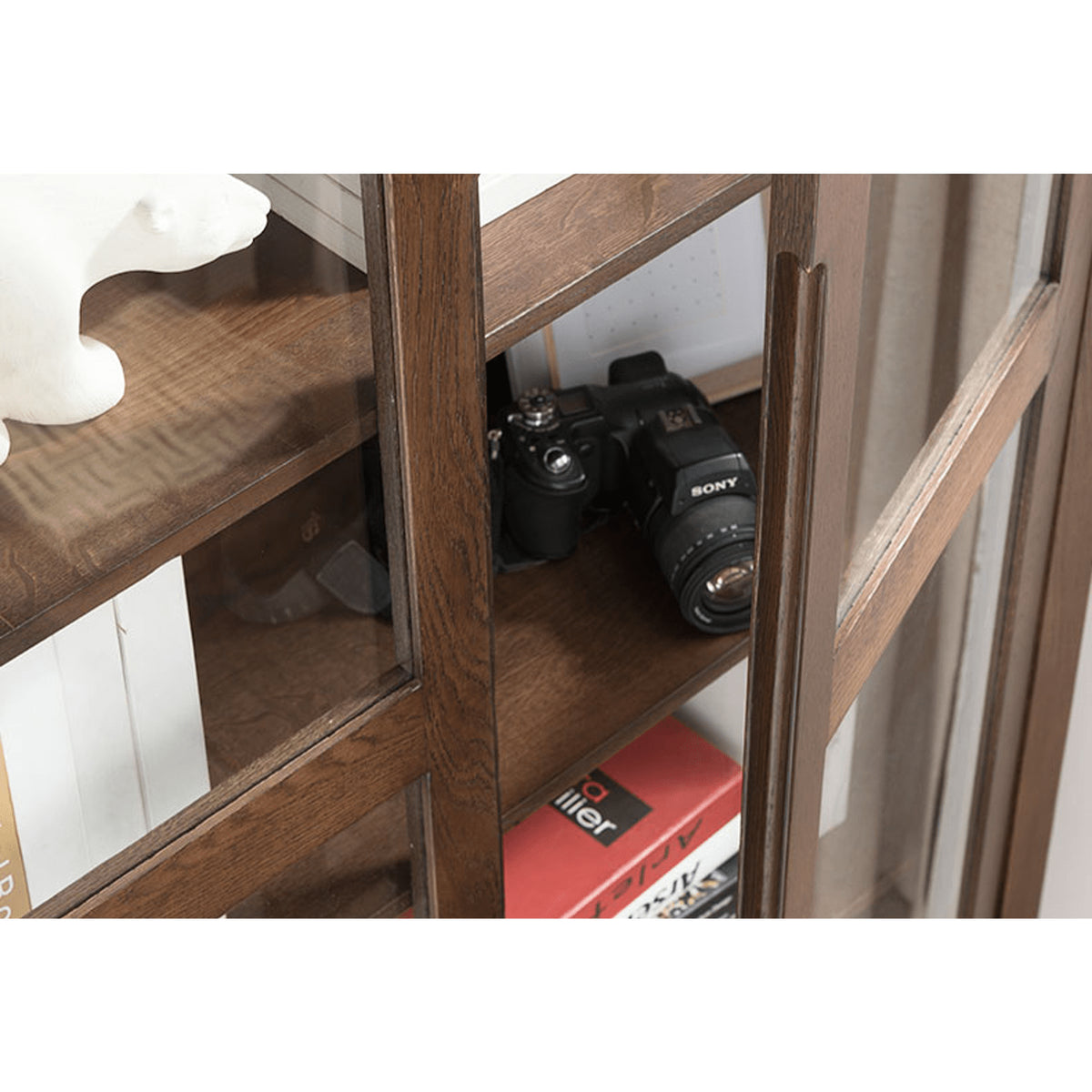 Stunning Brown Oak and Tung Wood Cabinet with Stylish Metal Accents hym-483