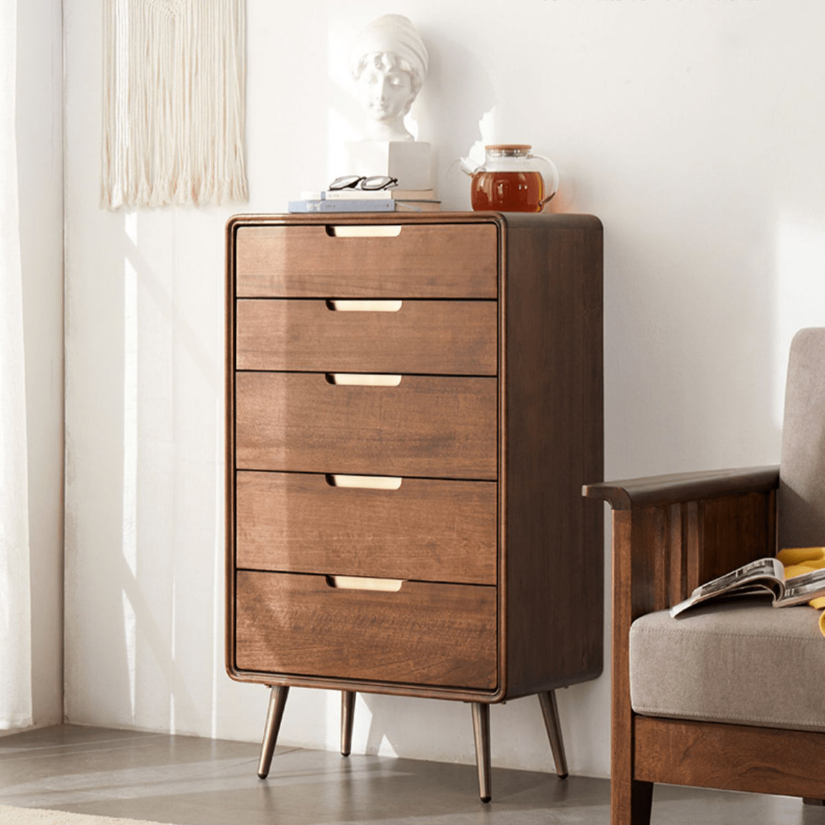 Stylish Brown Tung Wood and Metal Bedside Cupboard for Modern Bedrooms hym-487