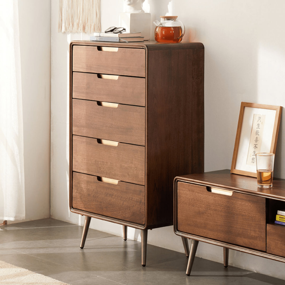 Stylish Brown Tung Wood and Metal Bedside Cupboard for Modern Bedrooms hym-487