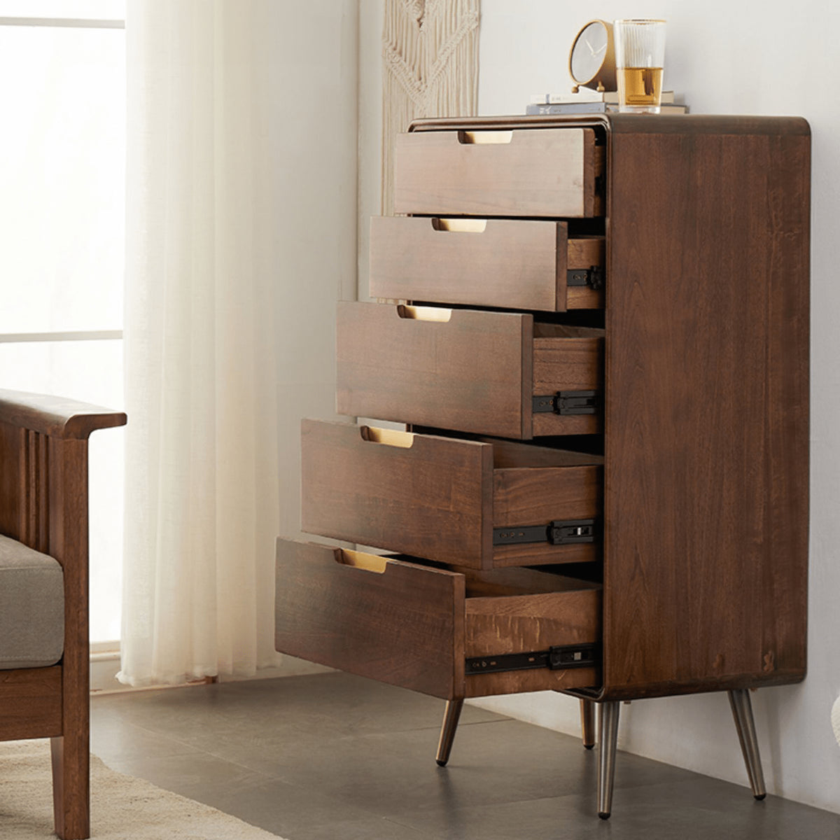 Stylish Brown Tung Wood and Metal Bedside Cupboard for Modern Bedrooms hym-487