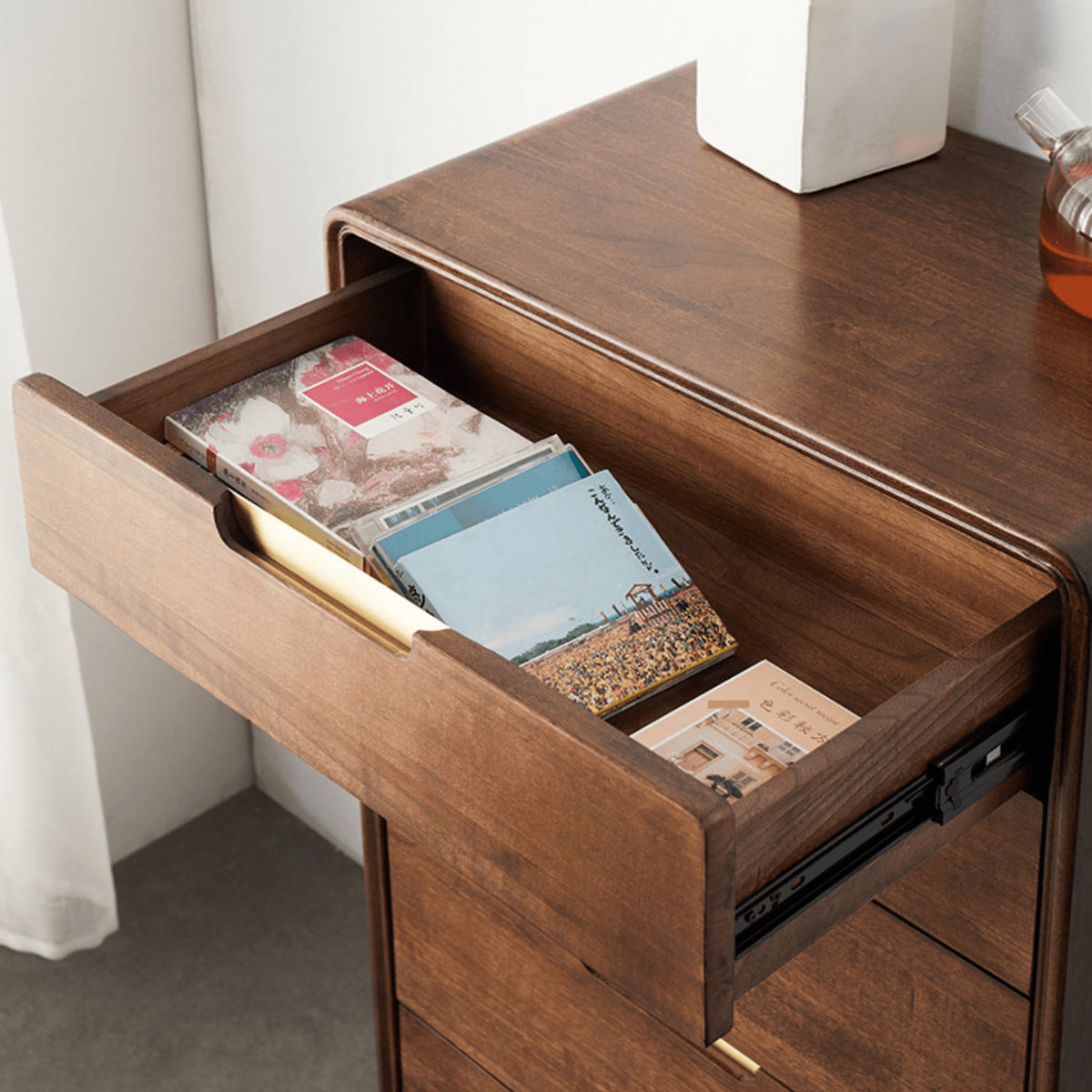 Stylish Brown Tung Wood and Metal Bedside Cupboard for Modern Bedrooms hym-487