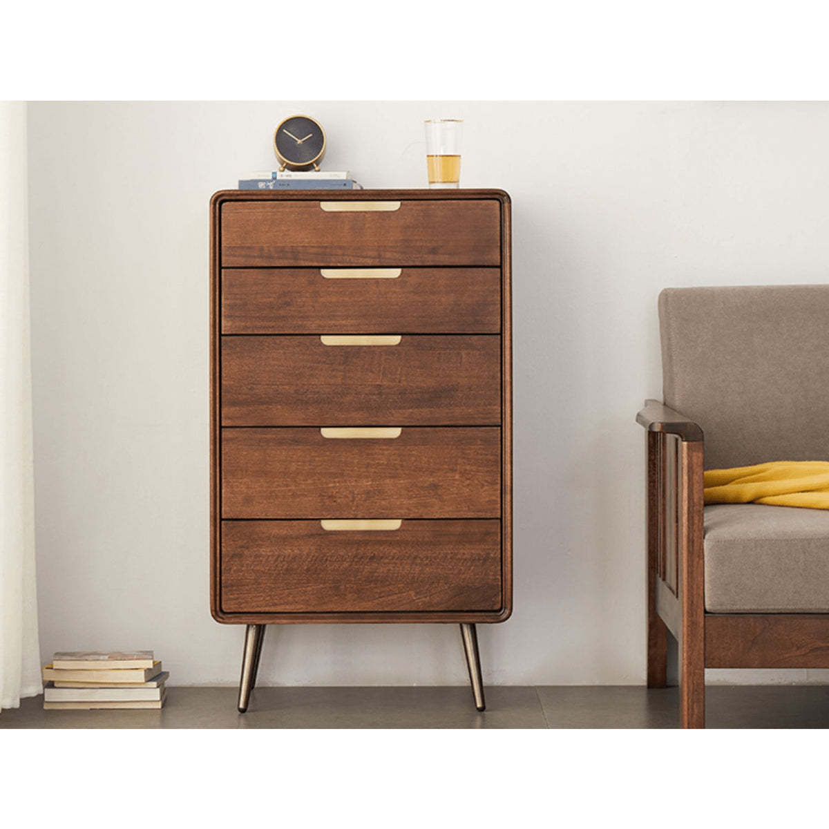 Stylish Brown Tung Wood and Metal Bedside Cupboard for Modern Bedrooms hym-487