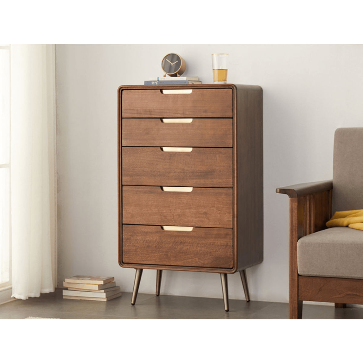 Stylish Brown Tung Wood and Metal Bedside Cupboard for Modern Bedrooms hym-487