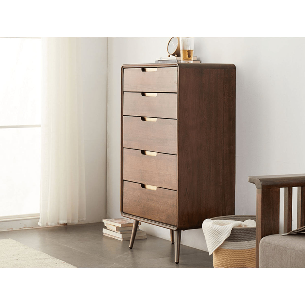 Stylish Brown Tung Wood and Metal Bedside Cupboard for Modern Bedrooms hym-487