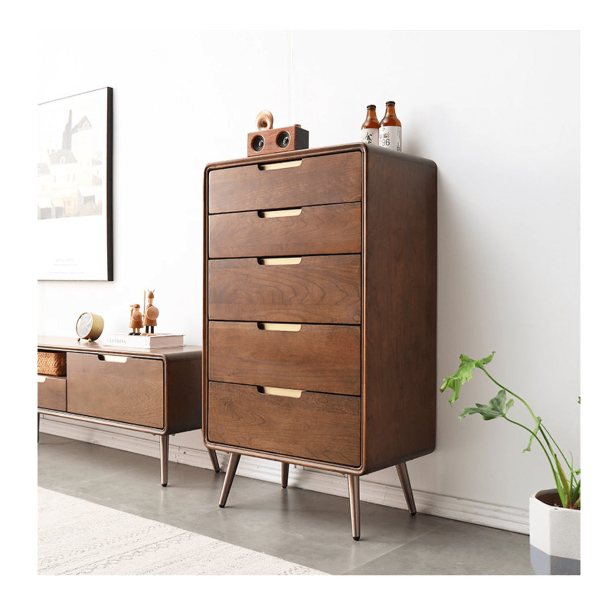 Stylish Brown Tung Wood and Metal Bedside Cupboard for Modern Bedrooms hym-487