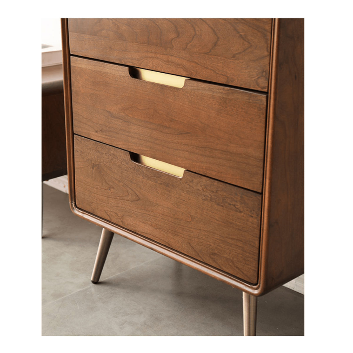 Stylish Brown Tung Wood and Metal Bedside Cupboard for Modern Bedrooms hym-487