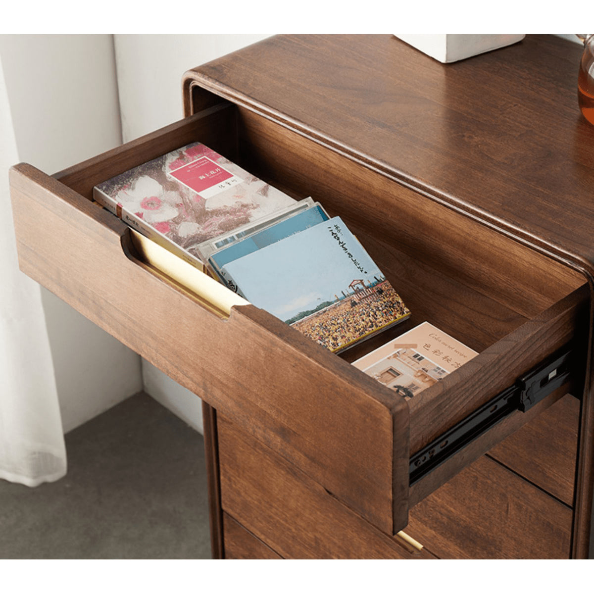 Stylish Brown Tung Wood and Metal Bedside Cupboard for Modern Bedrooms hym-487